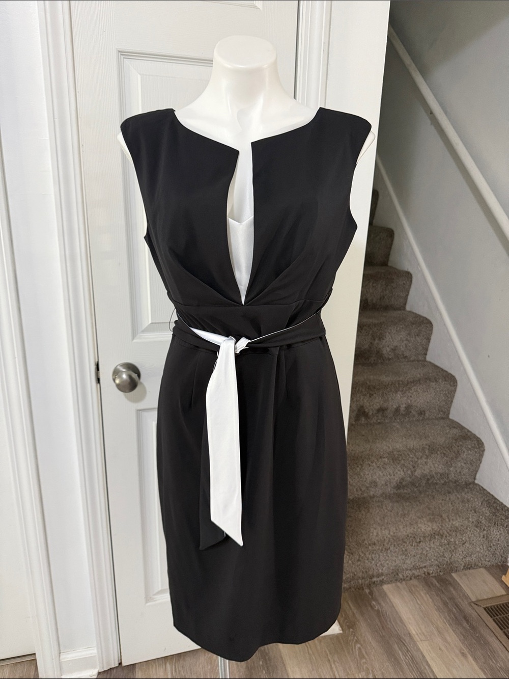 White House Black Market Black Midi Sheath Dress with White Tie